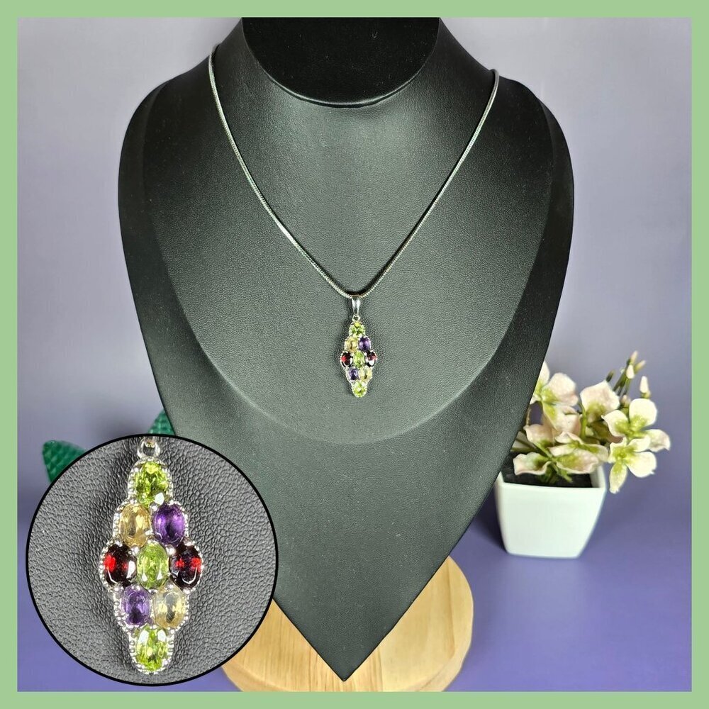 Multi‎ Gemstone Elongated Pendant Necklace in Stainless Steel